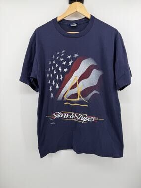 Vintage Stars & Stripes Patriotic USA Flag Sailboat Graphic T-Shirt Adult L